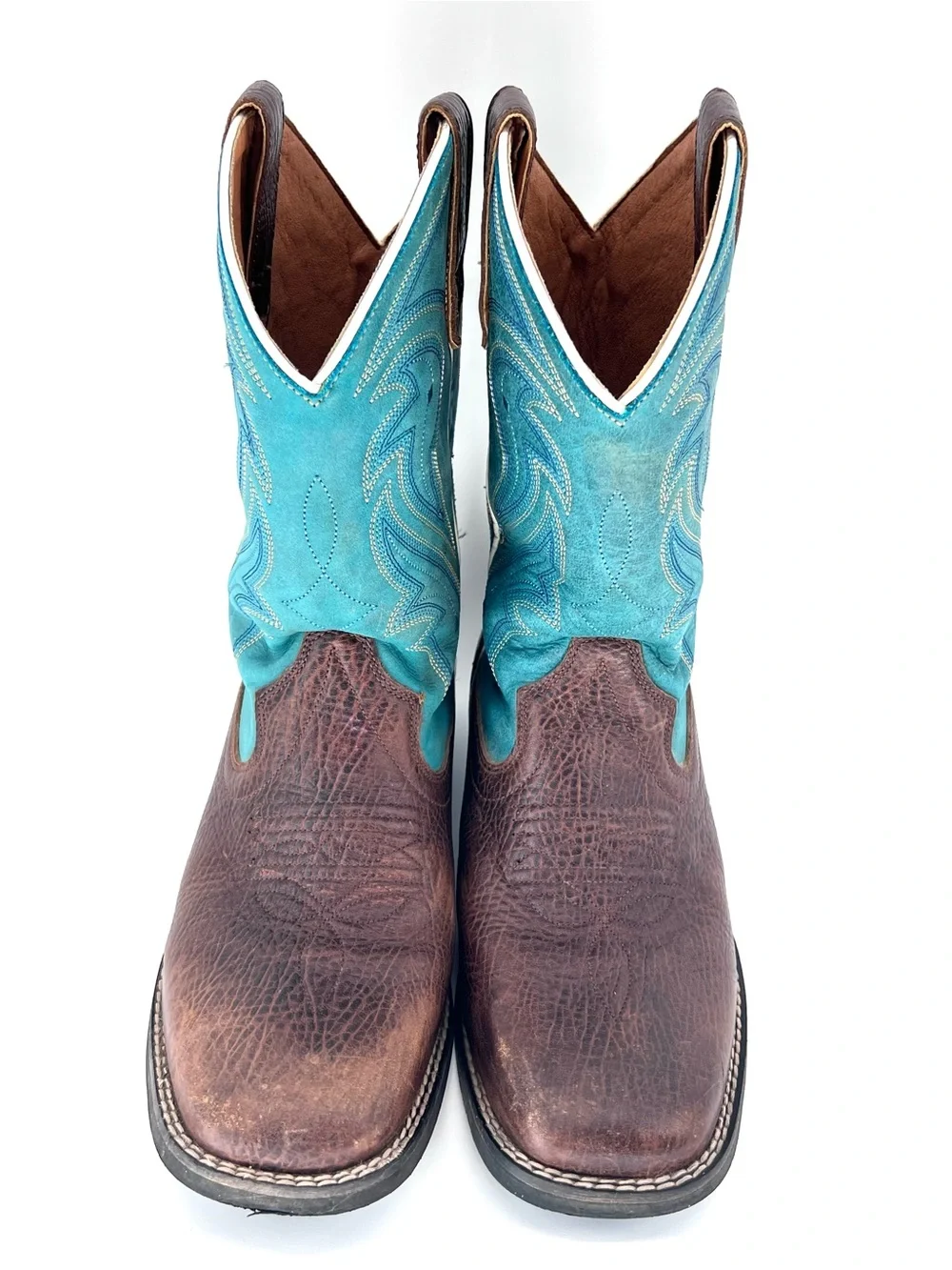 RANK 45 Boys' Connor Western Boots Sz 6 BROAD SQUARE TOE Blue Brown Cowboy Rodeo